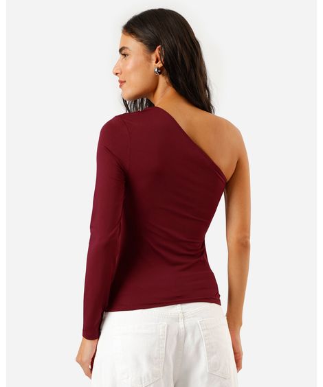 blusa ombro único feminina franzida vinho