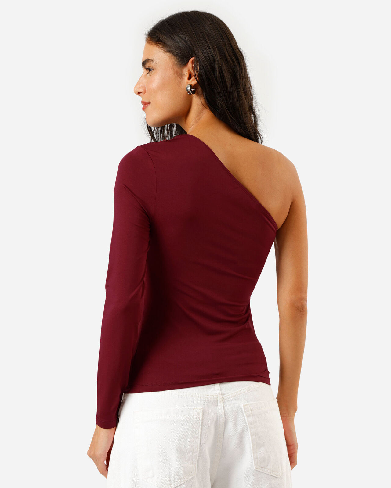 blusa ombro único feminina franzida vinho