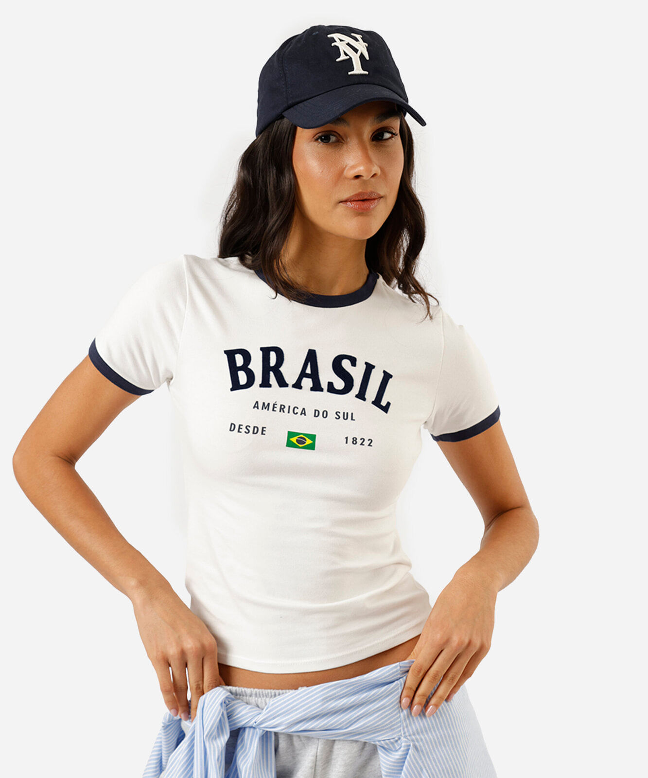 camiseta baby look feminina de algodão manga curta brasil off white