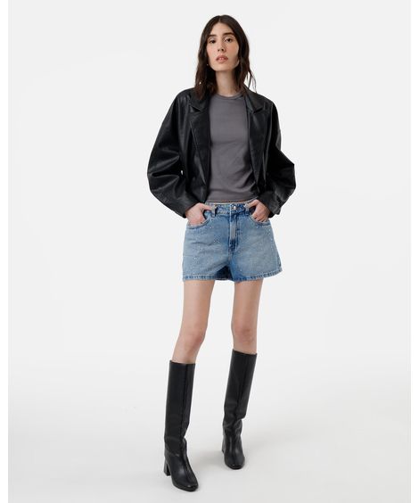 short feminino jeans cintura alta com brilhos azul