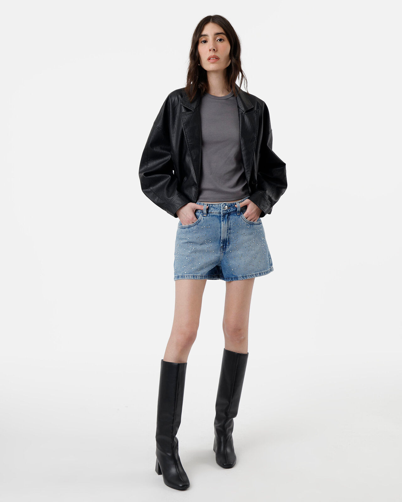 short feminino jeans cintura alta com brilhos azul