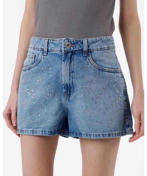 short feminino jeans cintura alta com brilhos azul
