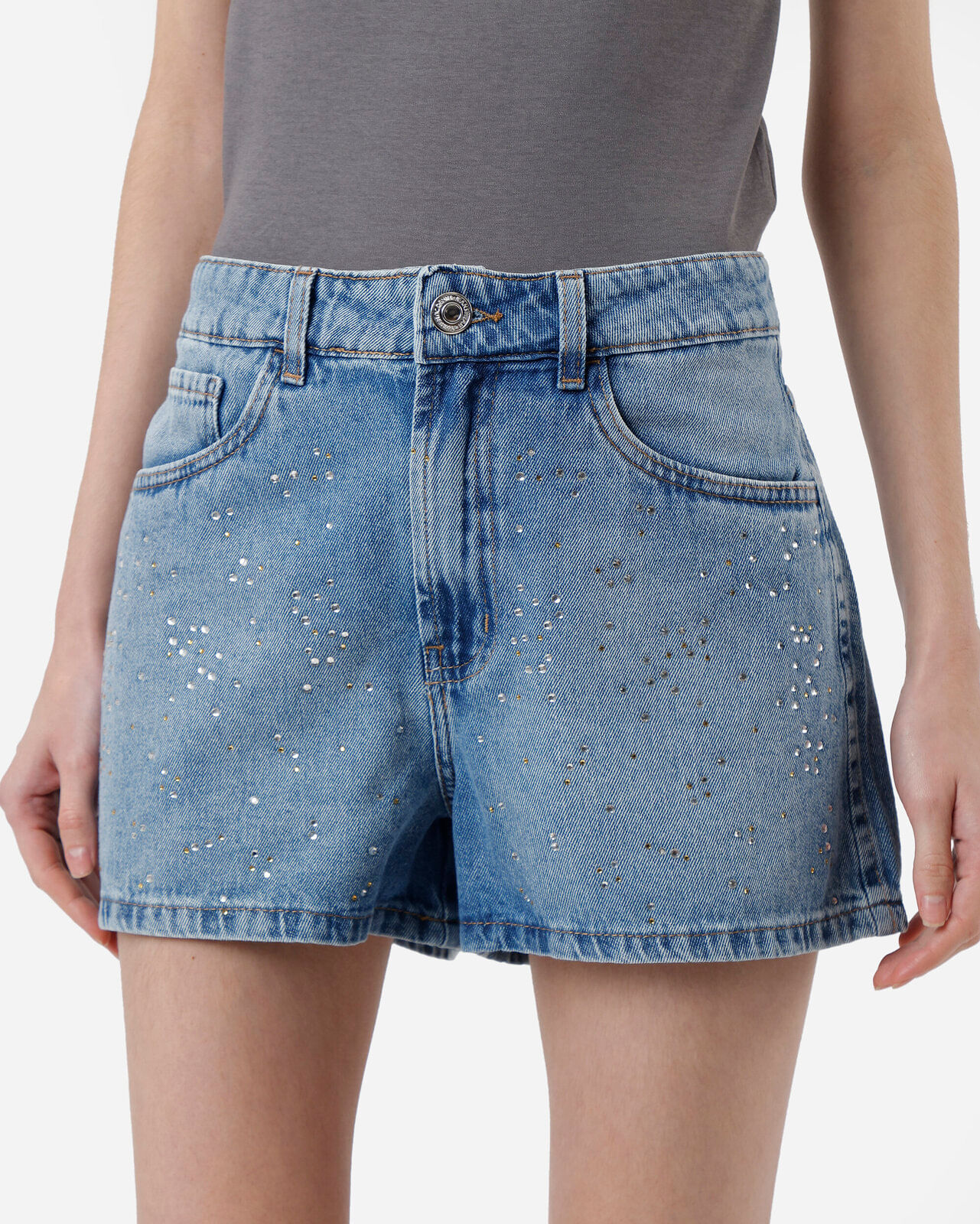 short feminino jeans cintura alta com brilhos azul