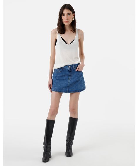 short saia feminino jeans com fendas e brilho cintura alta azul