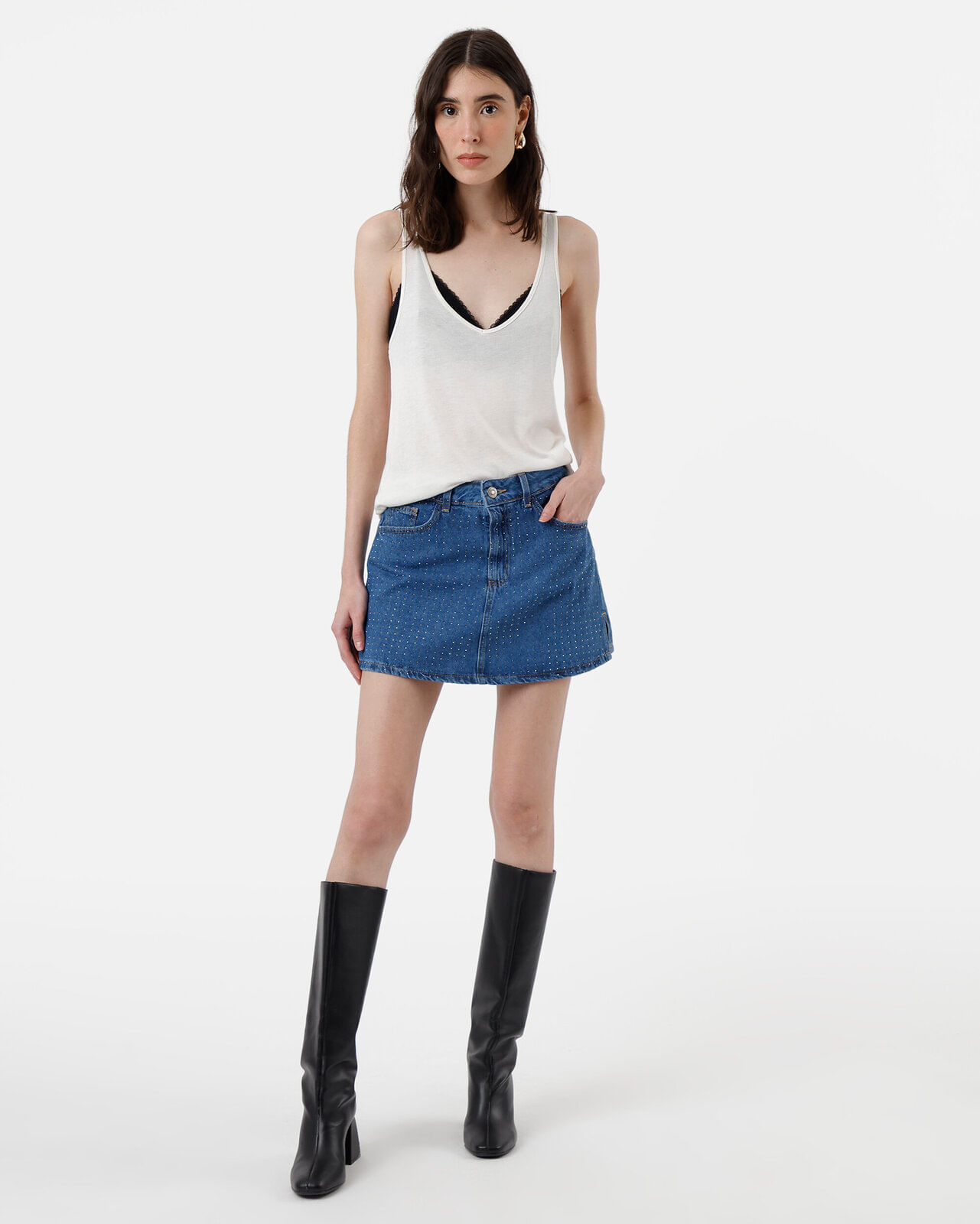 short saia feminino jeans com fendas e brilho cintura alta azul
