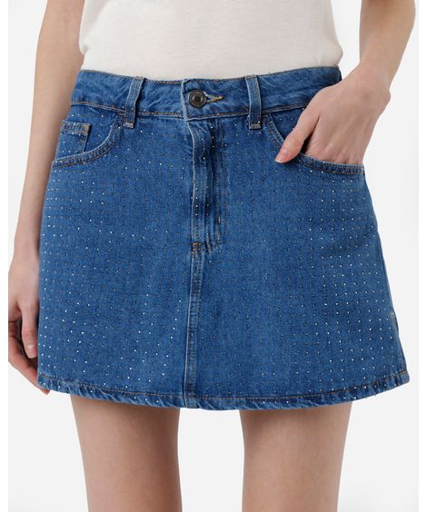 short saia feminino jeans com fendas e brilho cintura alta azul