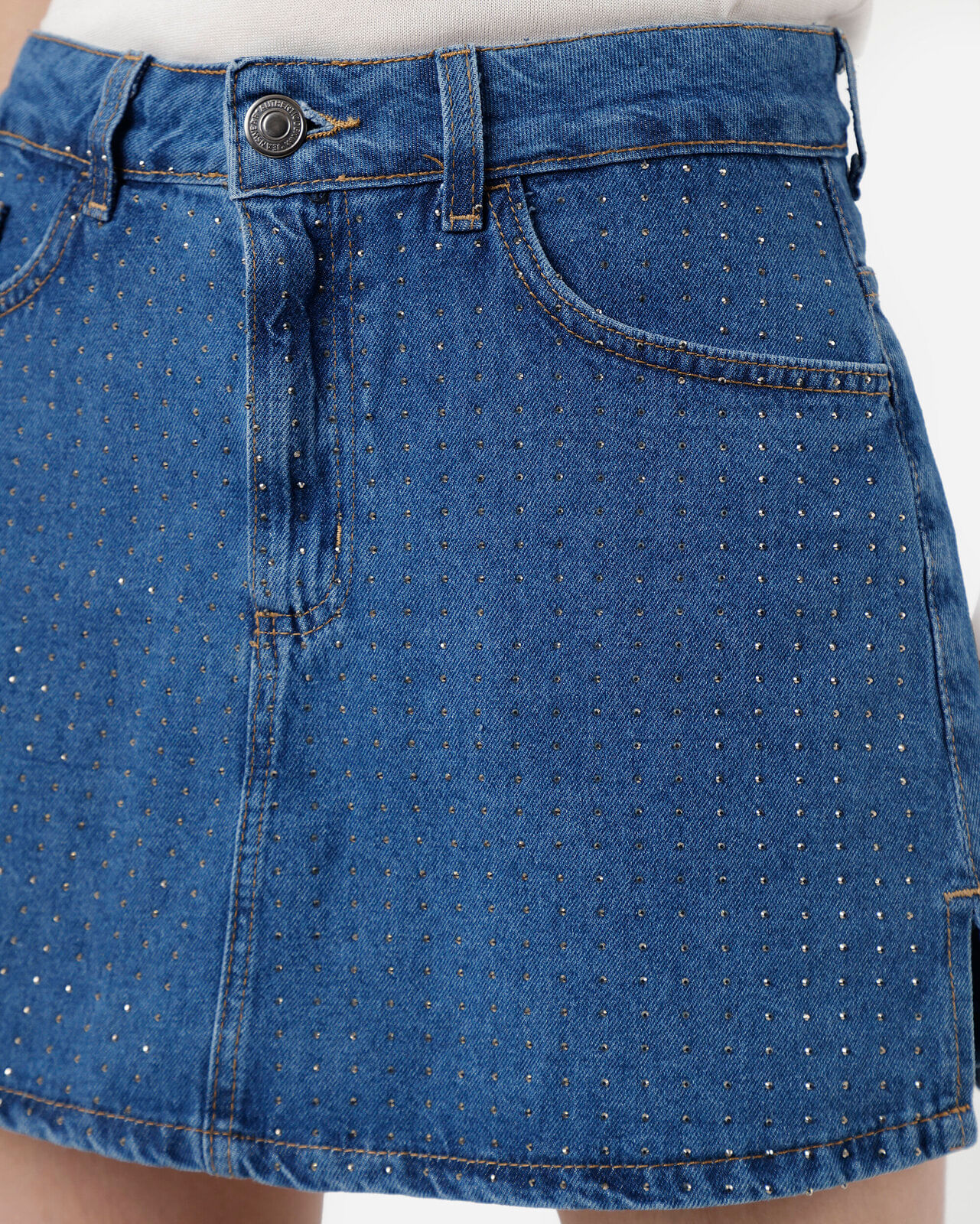 short saia feminino jeans com fendas e brilho cintura alta azul