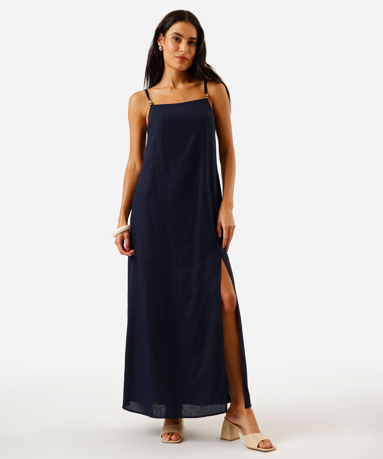 vestido longo alça fina feminino com linho e fenda marrom