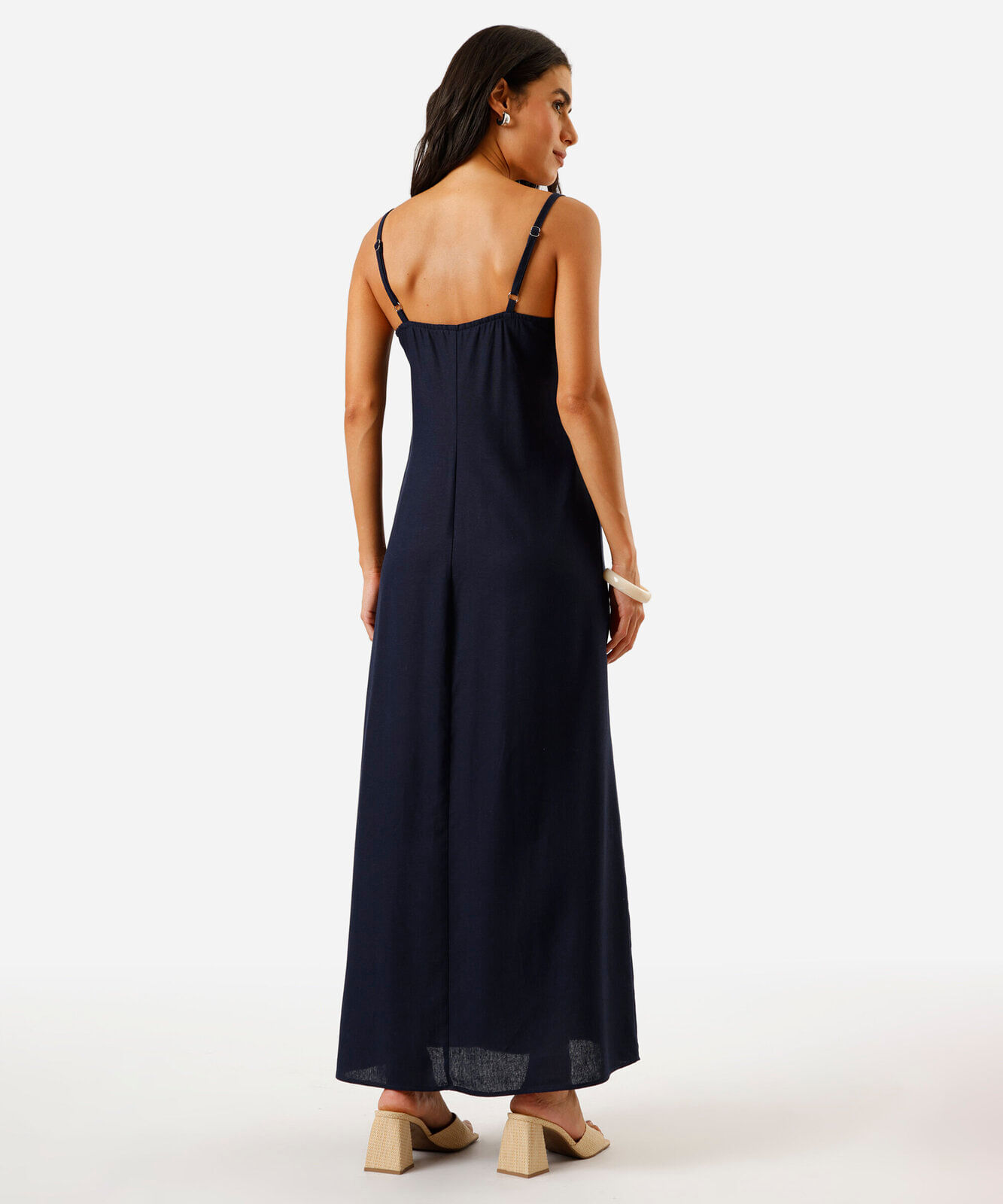 vestido longo alça fina feminino com linho e fenda marrom