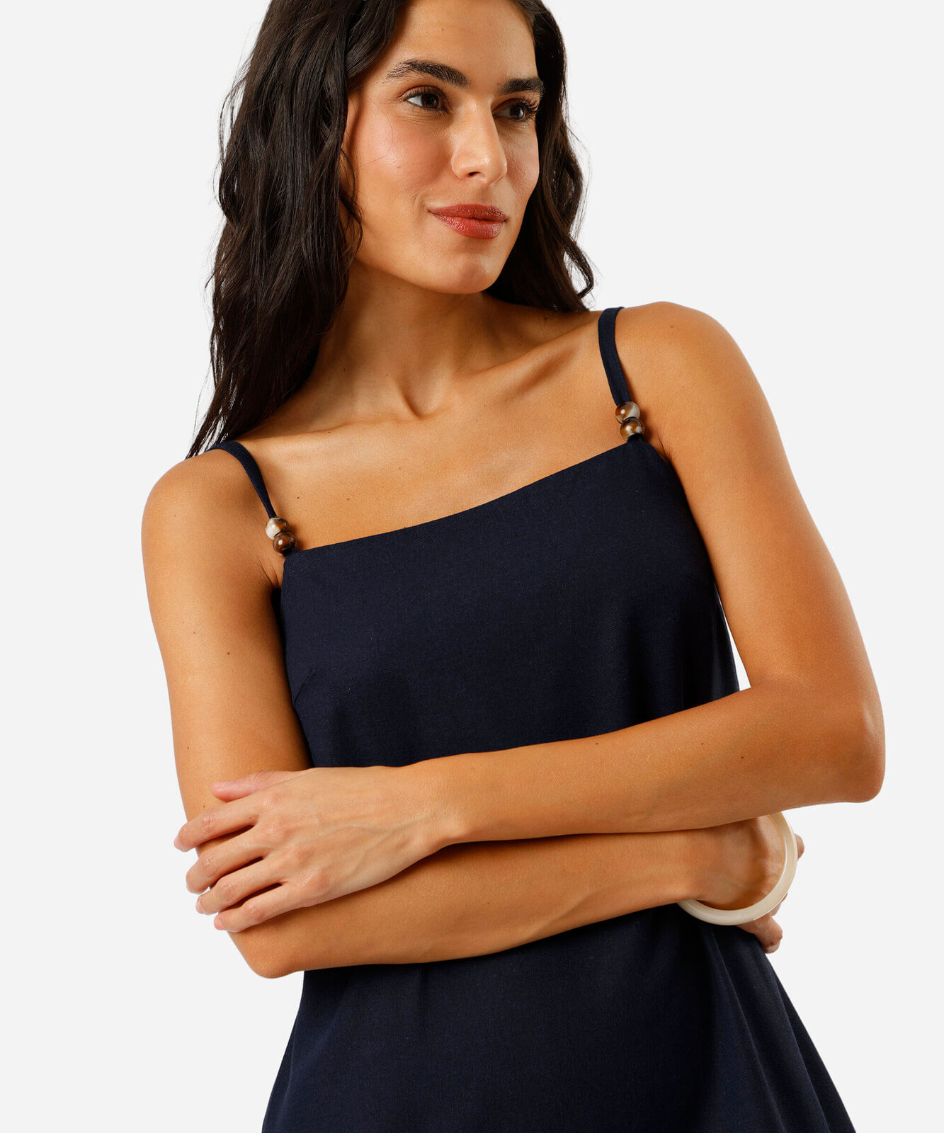 vestido longo alça fina feminino com linho e fenda marrom