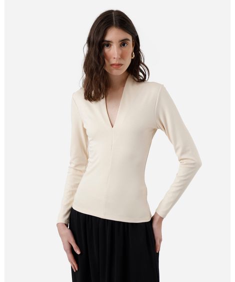 blusa feminina com viscose decote v manga longa bege
