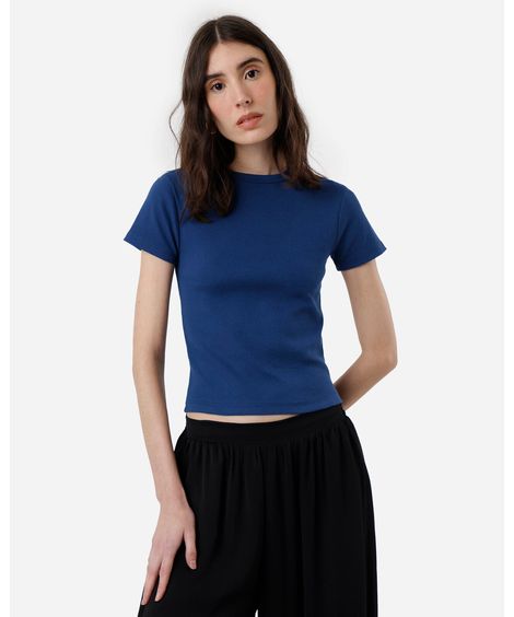 blusa feminina de algodão canelada manga curta azul