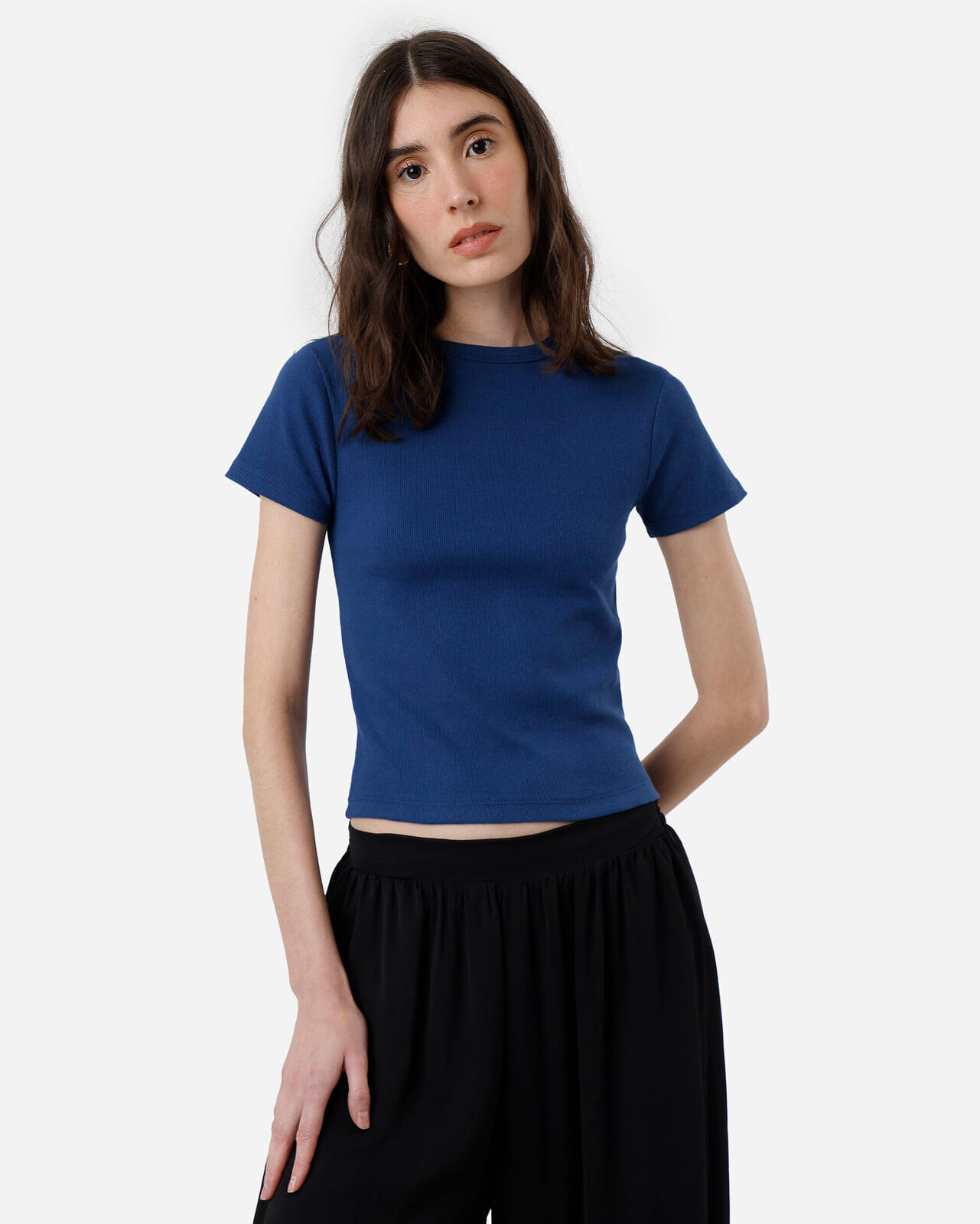 blusa feminina de algodão canelada manga curta azul