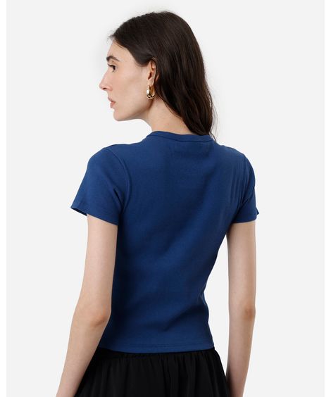 blusa feminina de algodão canelada manga curta azul