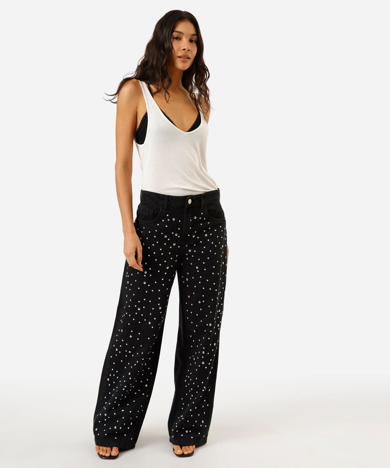 calça oversized feminina jeans com tachas cintura média preta