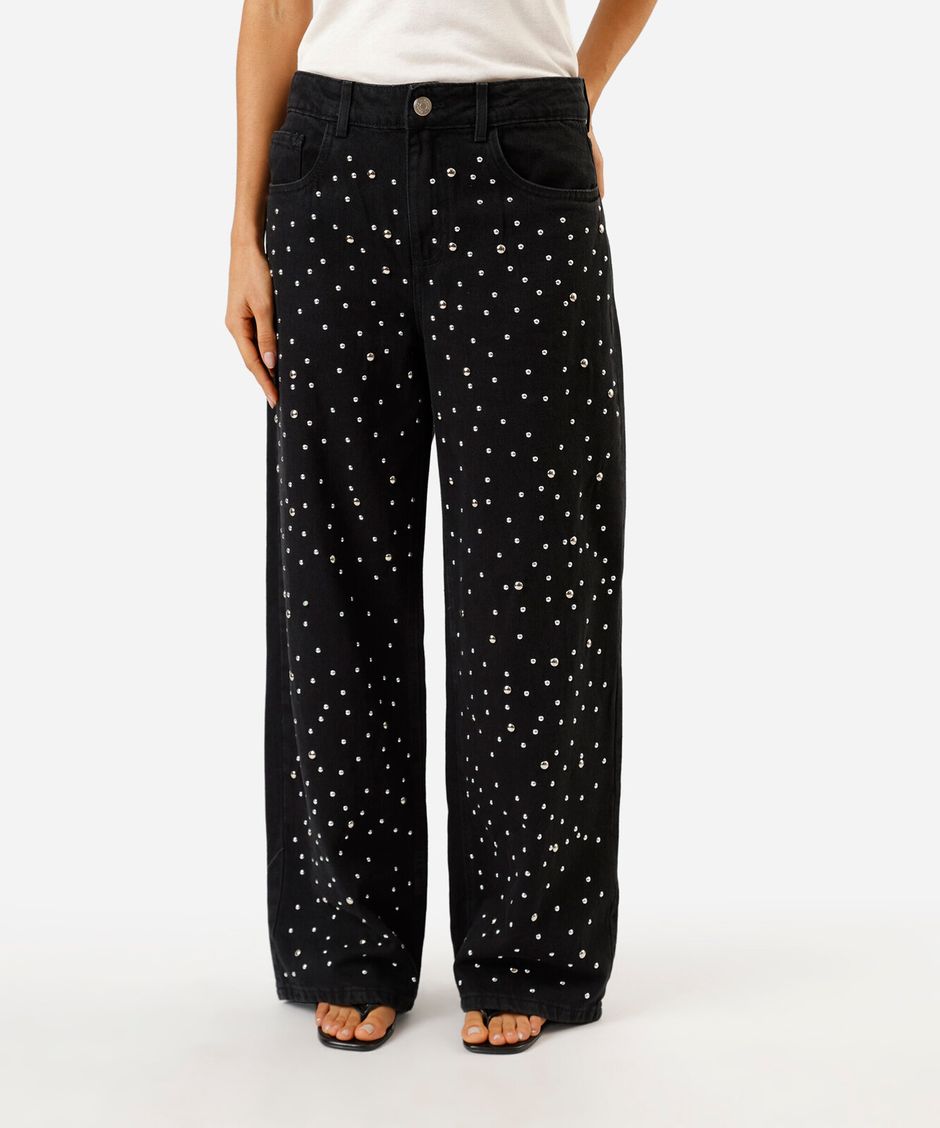 calça oversized feminina jeans com tachas cintura média preta