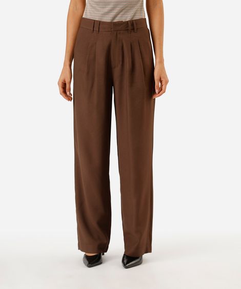 calça de alfaiataria feminina com pregas cintura alta marrom