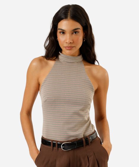 blusa feminina halterneck pied de poule bege