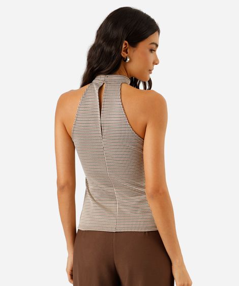 blusa feminina halterneck pied de poule bege