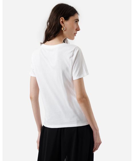 camiseta feminina de algodão manga curta floral off white