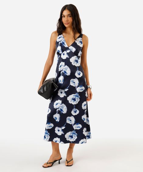 vestido midi feminino decote v floral azul