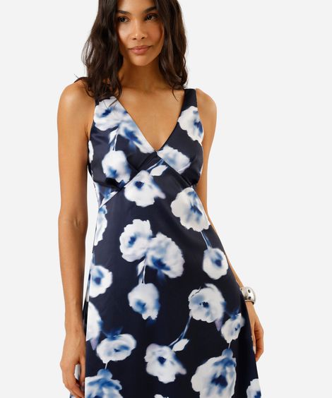 vestido midi feminino decote v floral azul