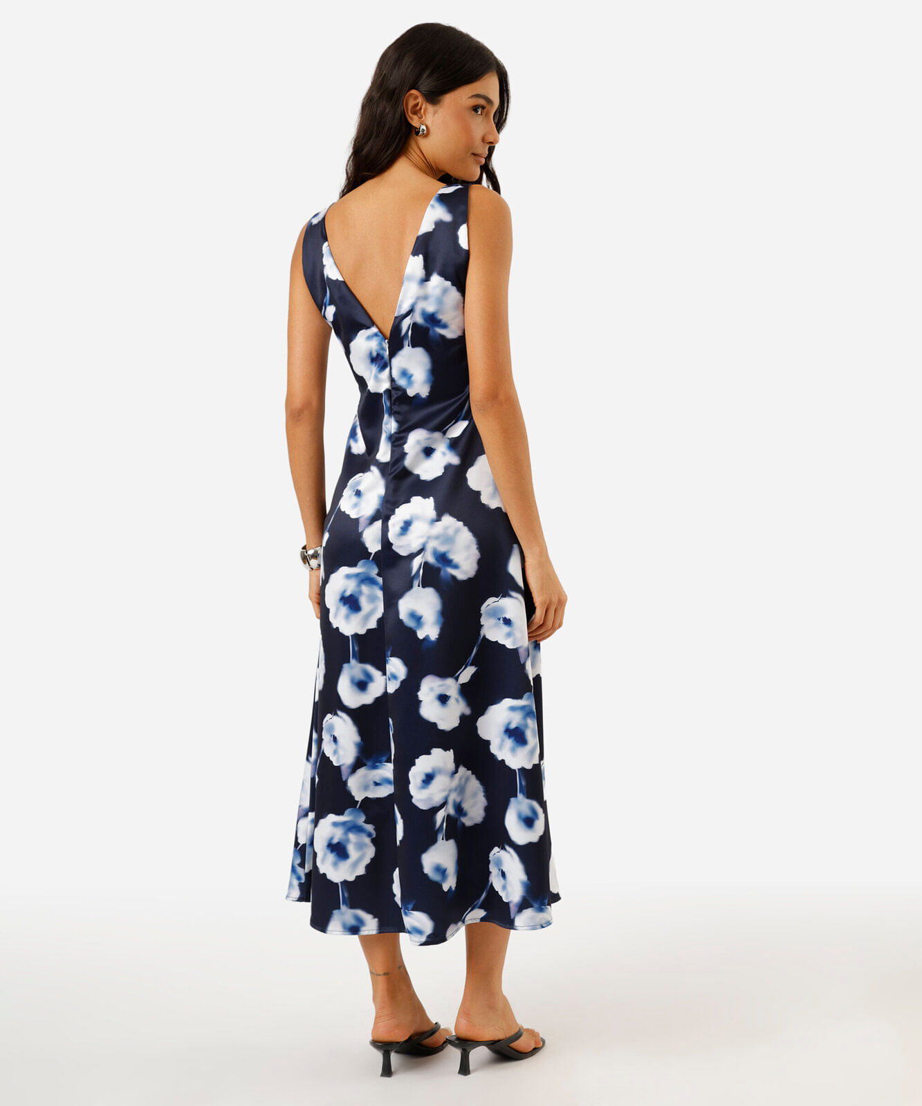 vestido midi feminino decote v floral azul