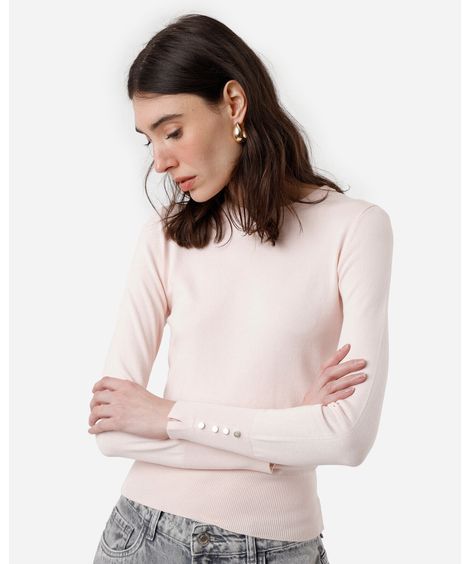 suéter feminino de tricot gola redonda rosa