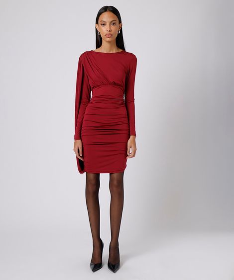 vestido curto feminino franzido com capa mindset vinho
