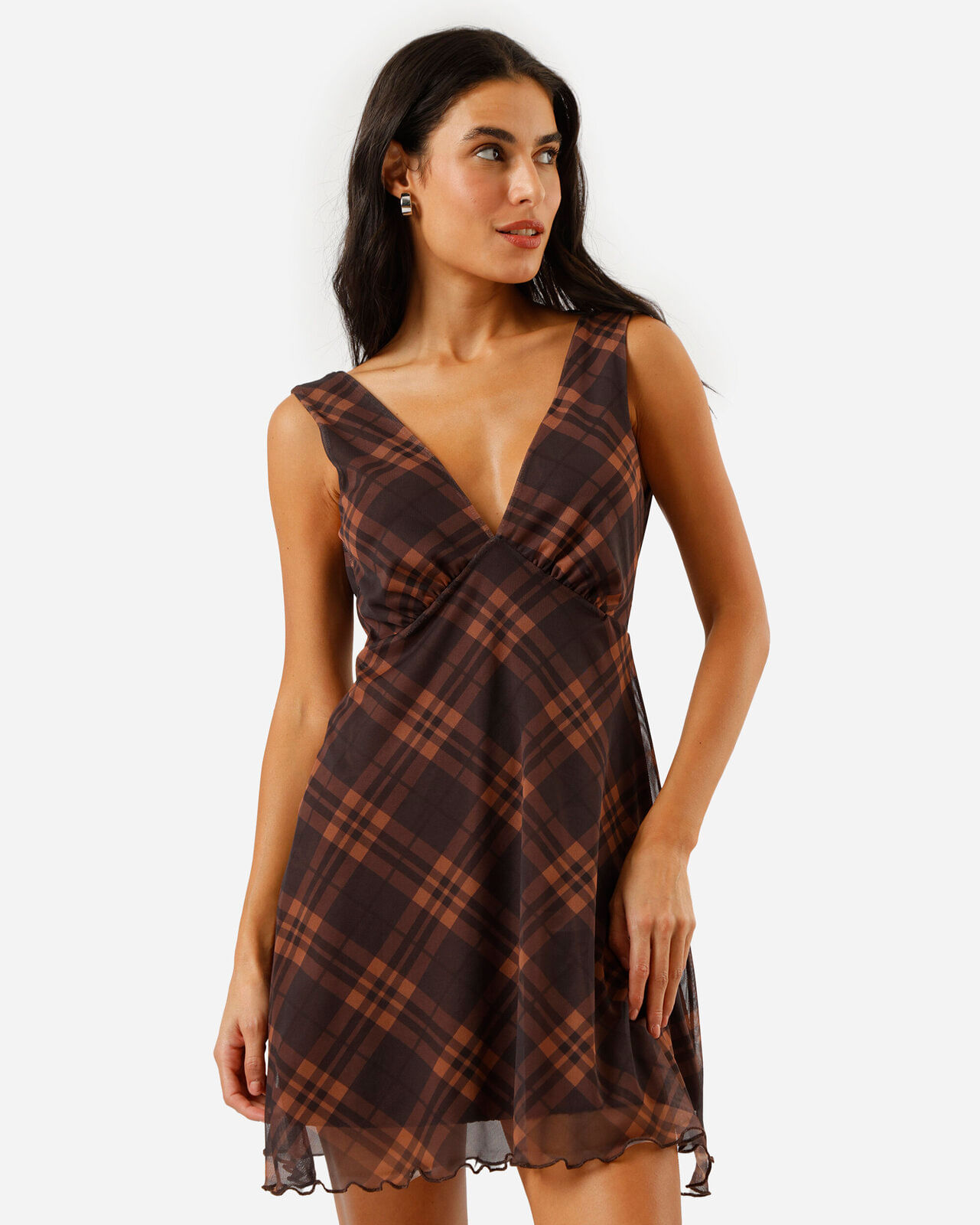 vestido curto feminino de tule decote v xadrez marrom