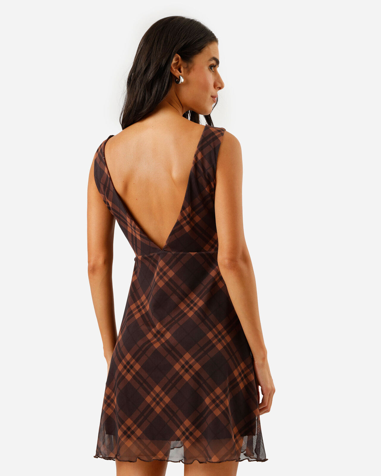 vestido curto feminino de tule decote v xadrez marrom