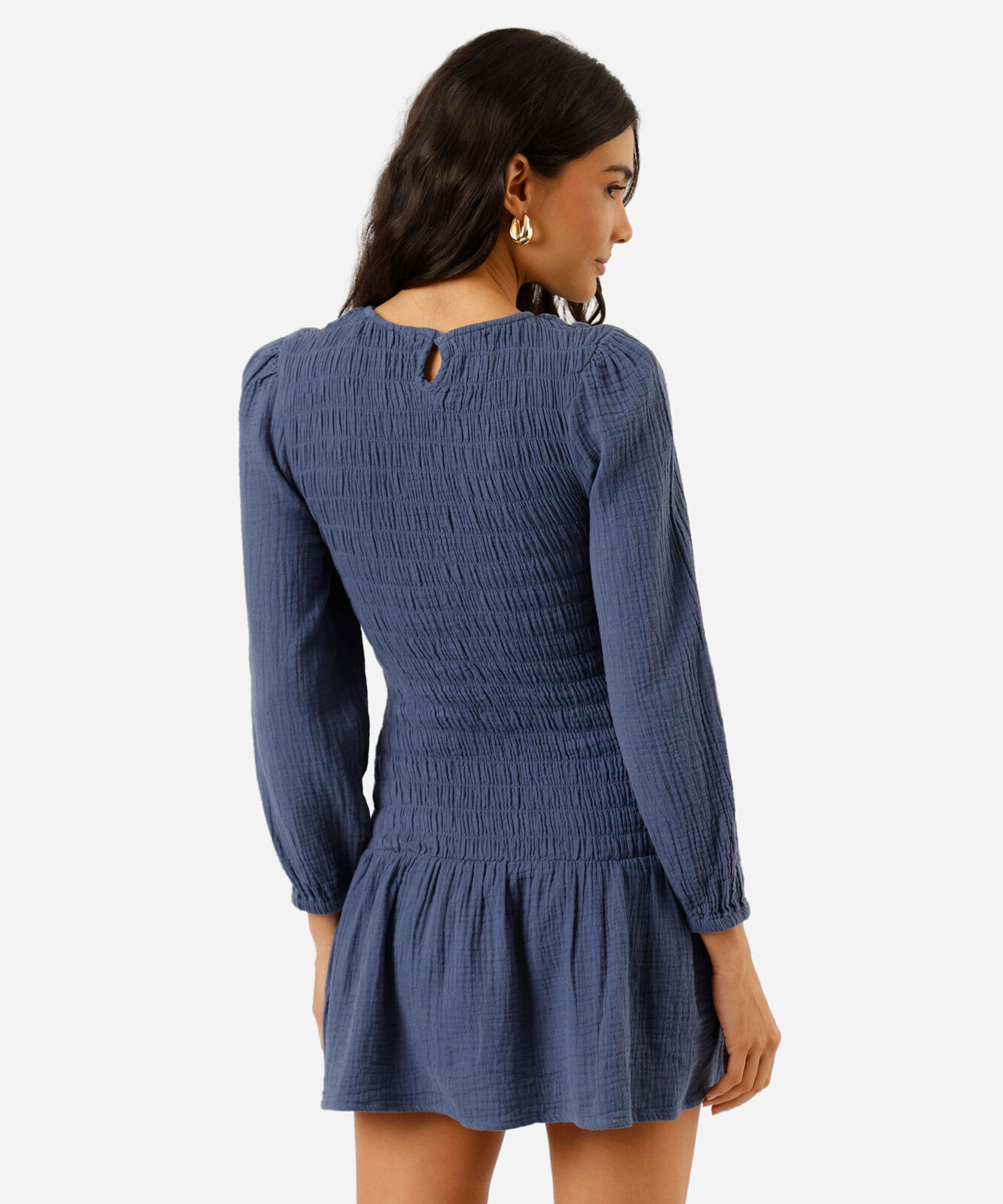 vestido curto feminino de algodão manga longa franzido azul