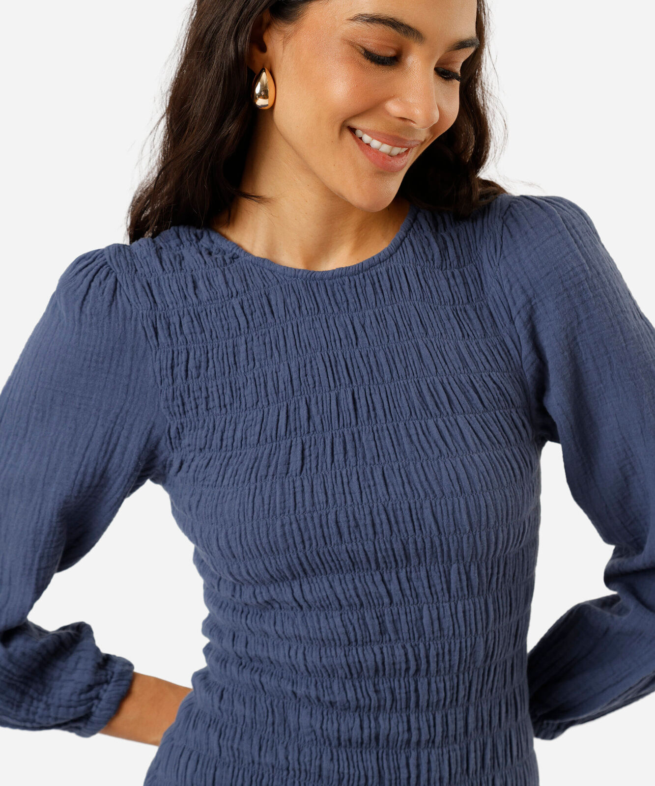 vestido curto feminino de algodão manga longa franzido azul