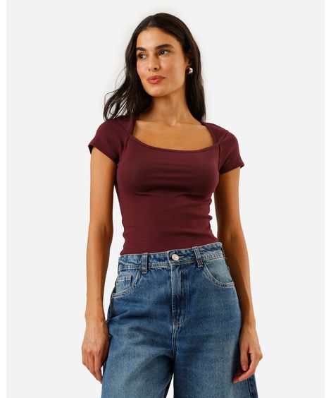 blusa baby look feminina de algodão decote quadrado vinho
