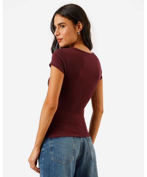 blusa baby look feminina de algodão decote quadrado vinho