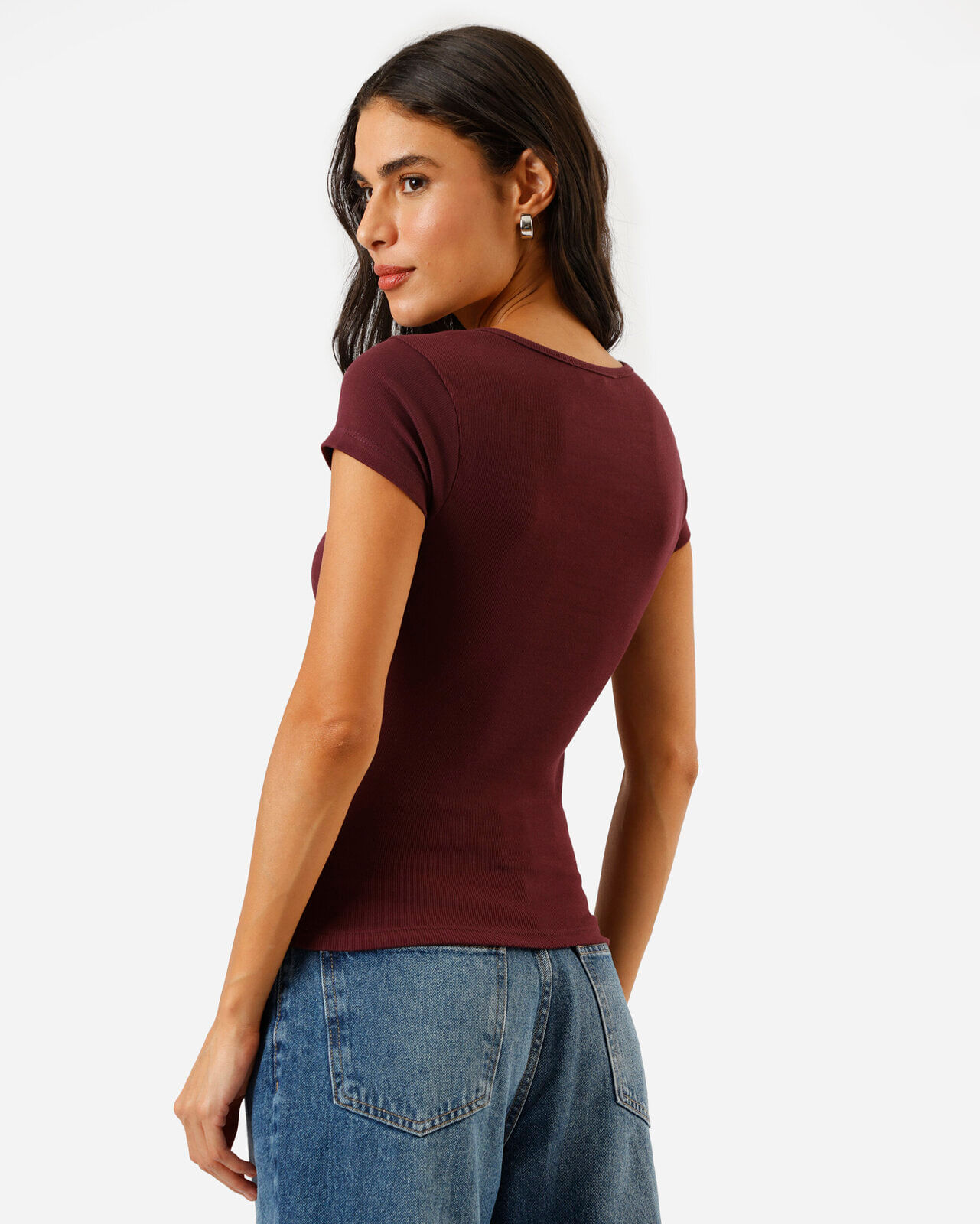 blusa baby look feminina de algodão decote quadrado vinho