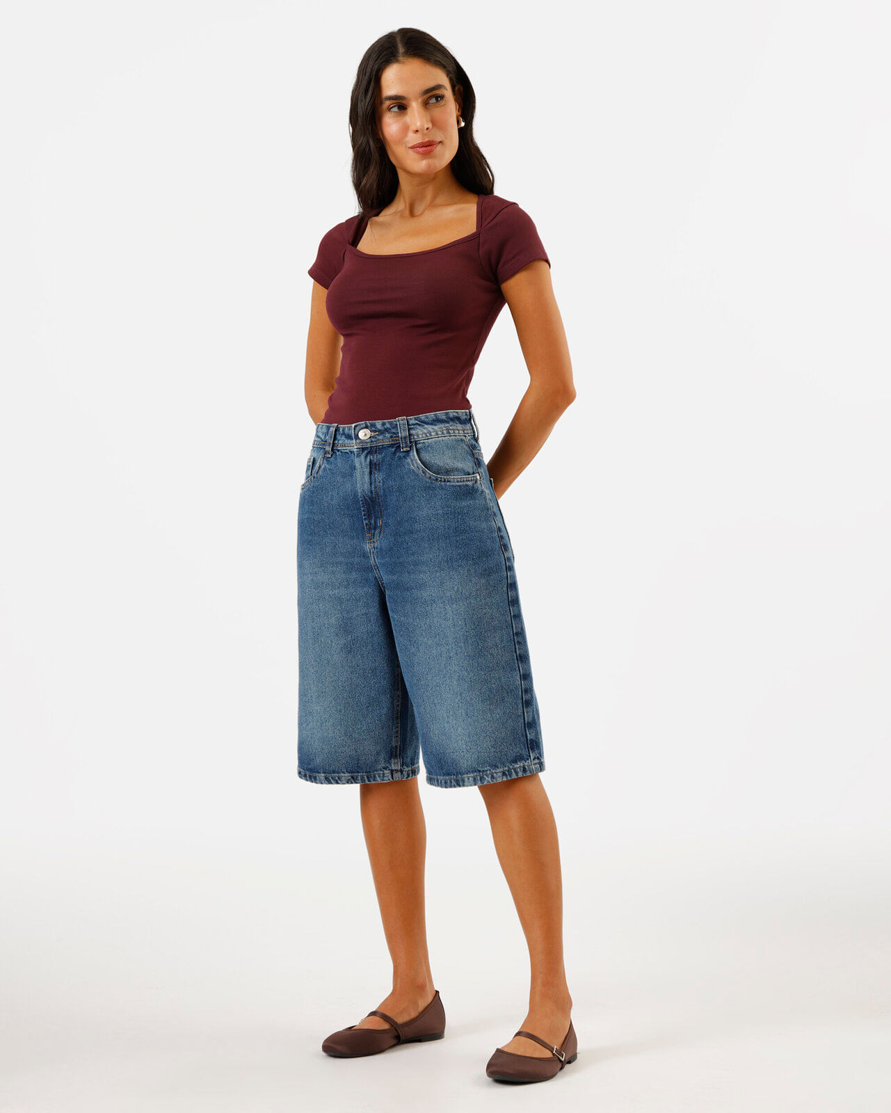 blusa baby look feminina de algodão decote quadrado vinho
