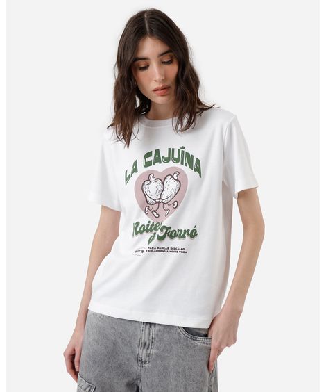 camiseta feminina com algodão manga curta estampada off white