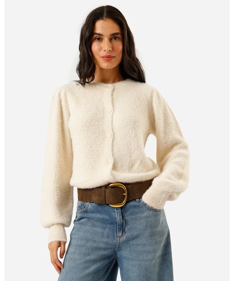 cardigan feminino de tricot texturizado off white