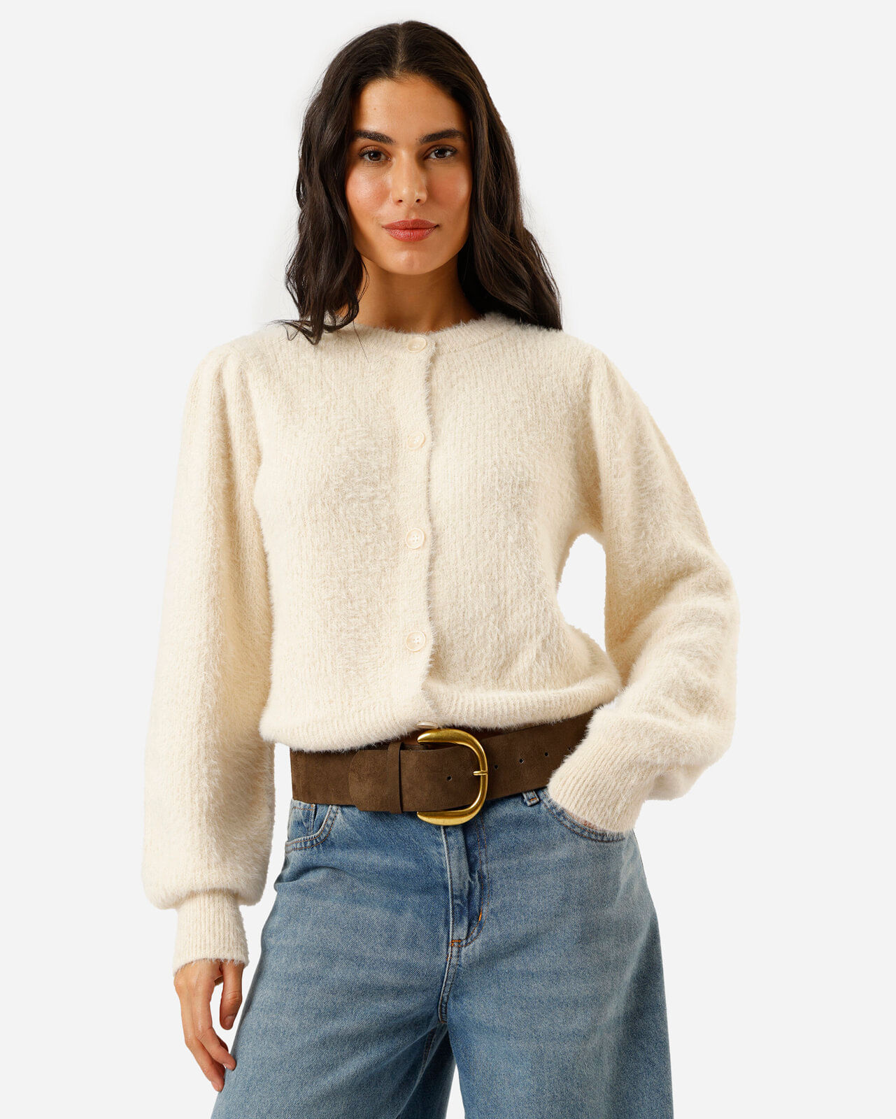 cardigan feminino de tricot texturizado off white