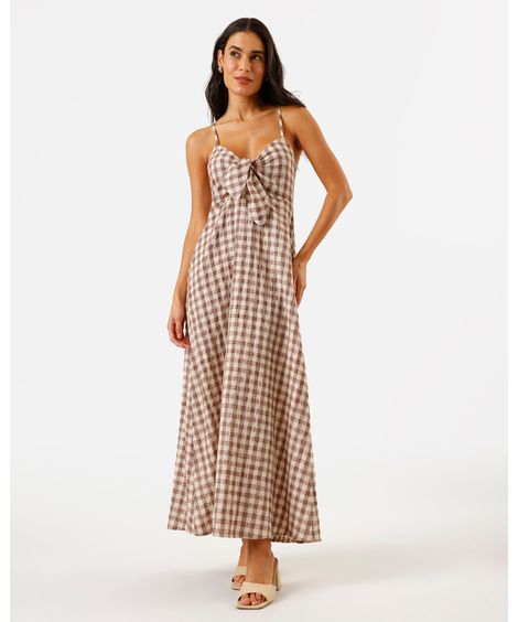vestido midi alça fina feminino com amarração xadrez marrom