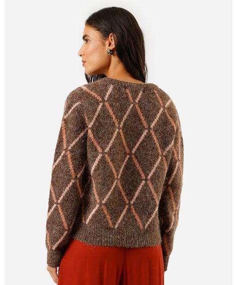 suéter feminino de tricot decote v xadrez argyle marrom