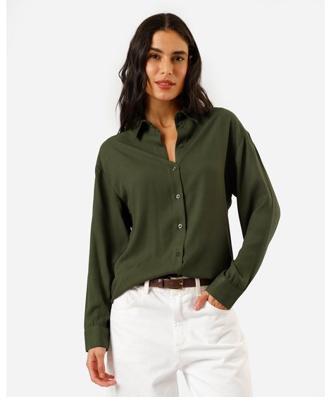 camisa oversized feminina de viscose manga longa verde