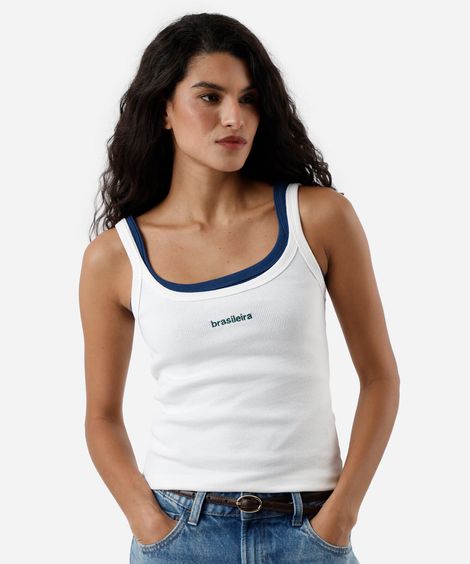 regata feminina de algodão com bordado canelada off white