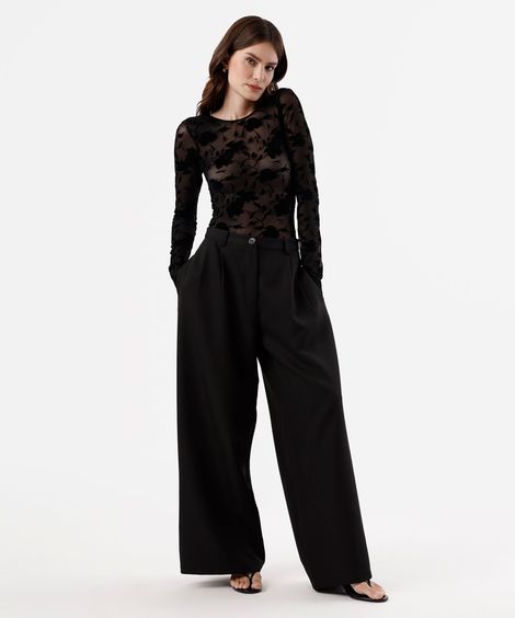 body feminino de tule manga longa floral preto