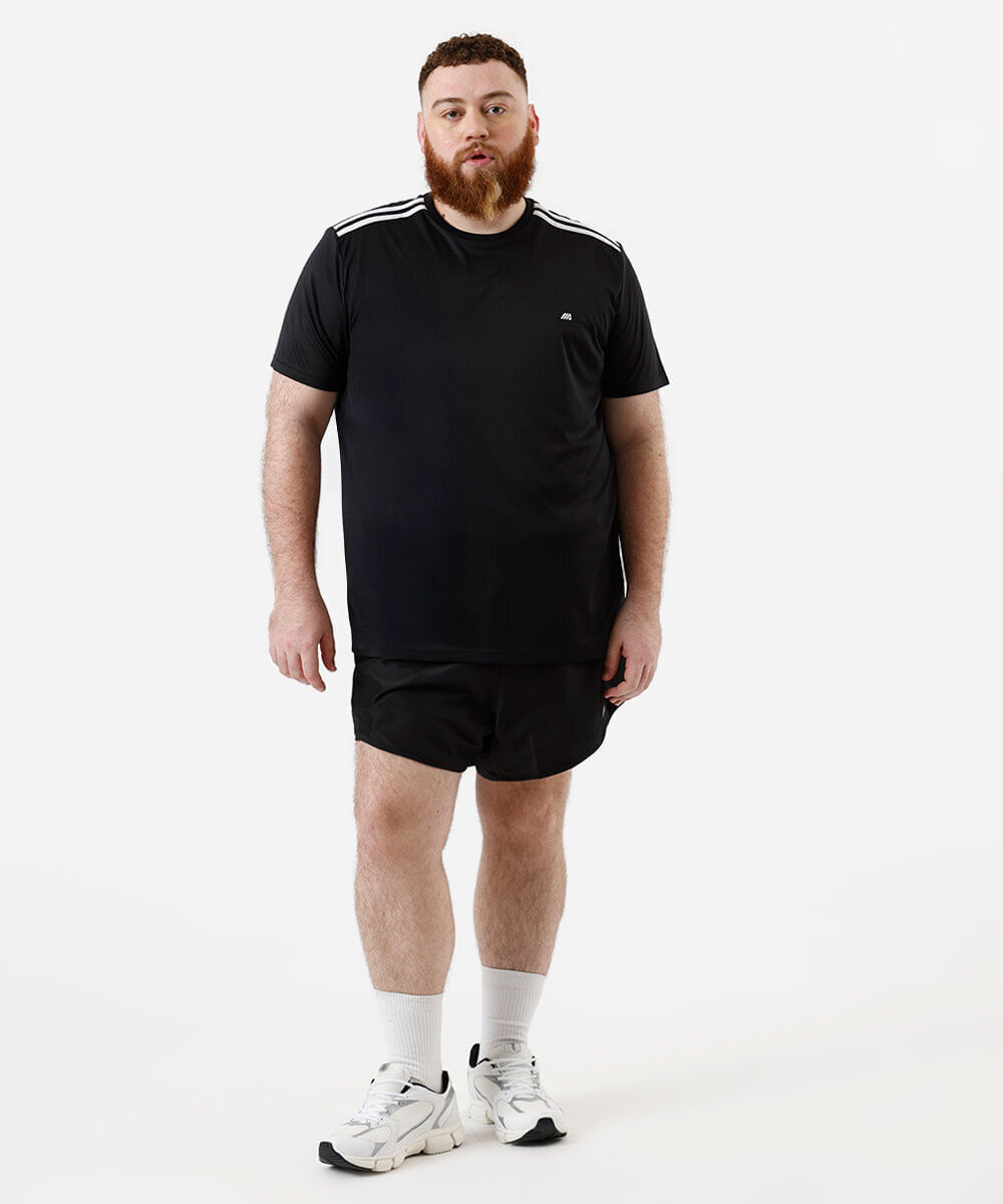 camiseta masculina esportiva com listras plus size preta