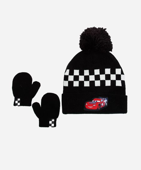 kit infantil touca e luva carros preto
