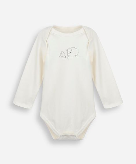 body infantil de algodão peruano estampado manga longa off white