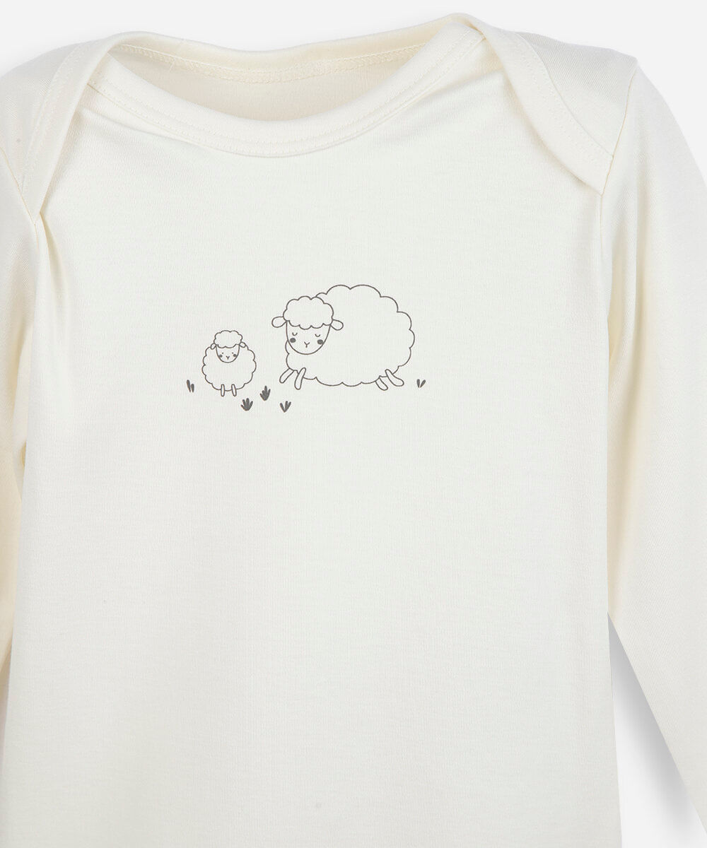 body infantil de algodão peruano estampado manga longa off white