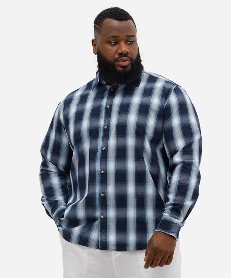 camisa comfort masculina manga longa xadrez plus size azul